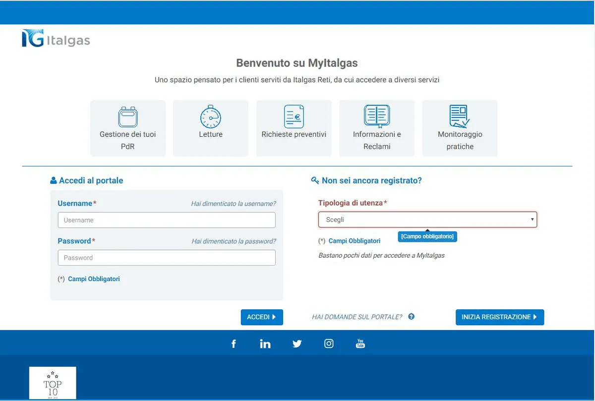 schermata di accesso app myitalgas