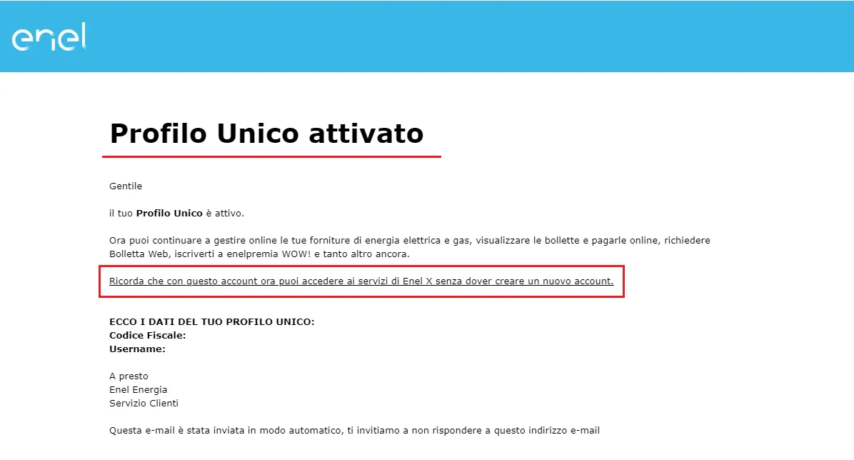 mail di conferma attivazione profilo unico