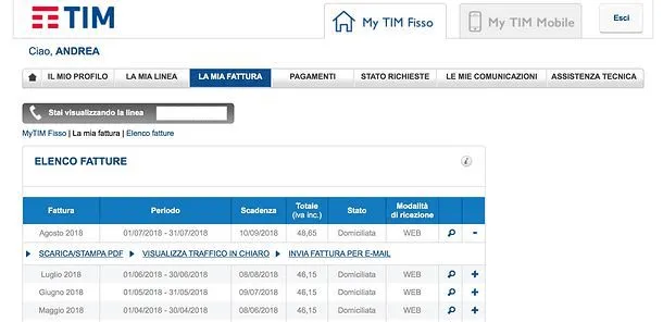 Sezione fatture dell'area clienti MyTIM con elenco delle bollette
