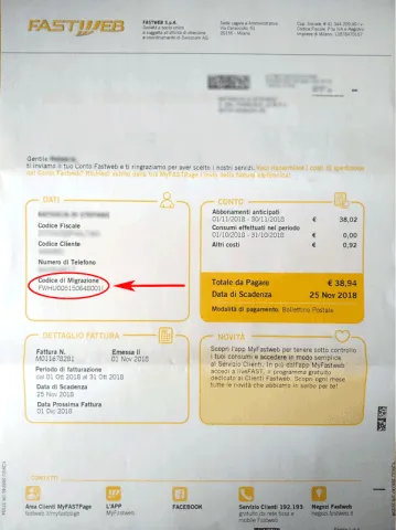 codice di migrazione fastweb in bolletta