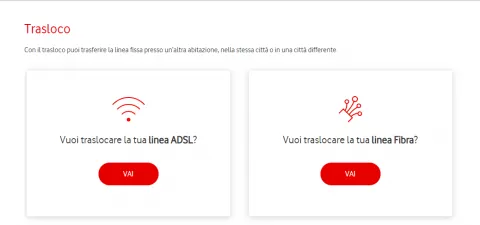Schermata per il trasloco della linea fissa Vodafone