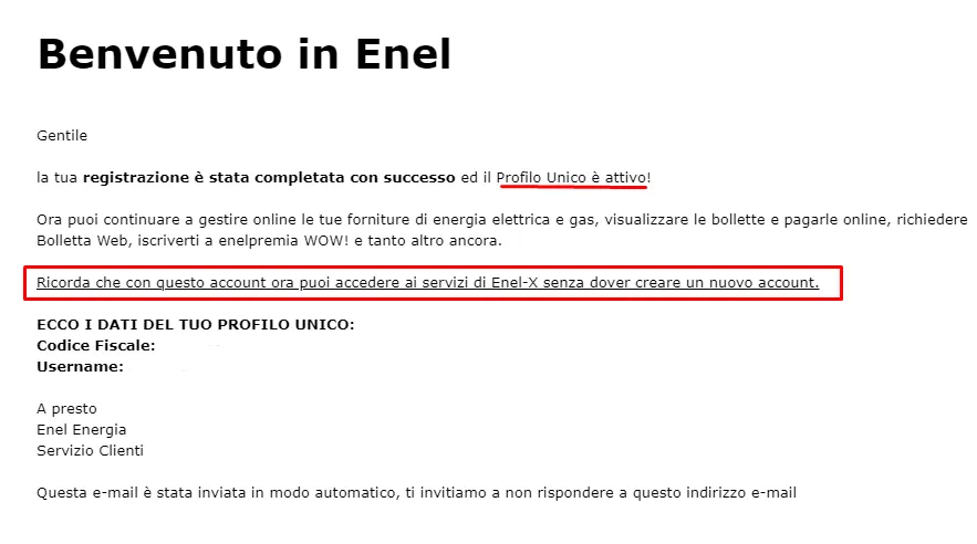 email attivazione profilo unico
