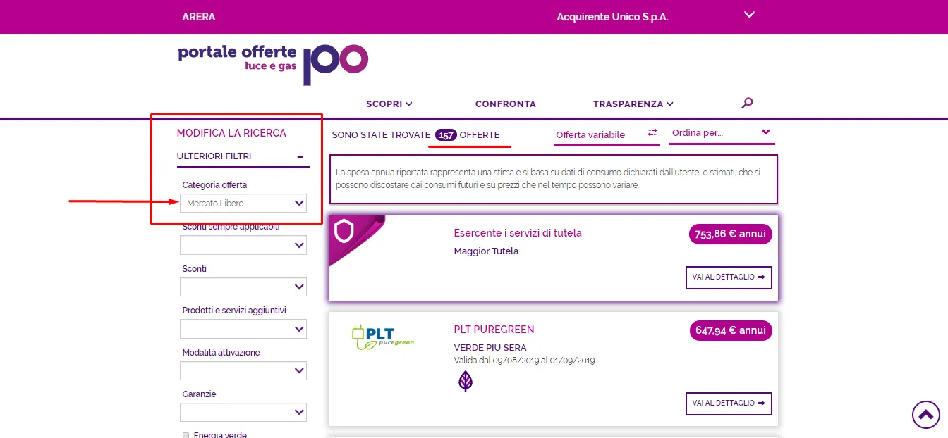 imposta il valore offerte mercato libero