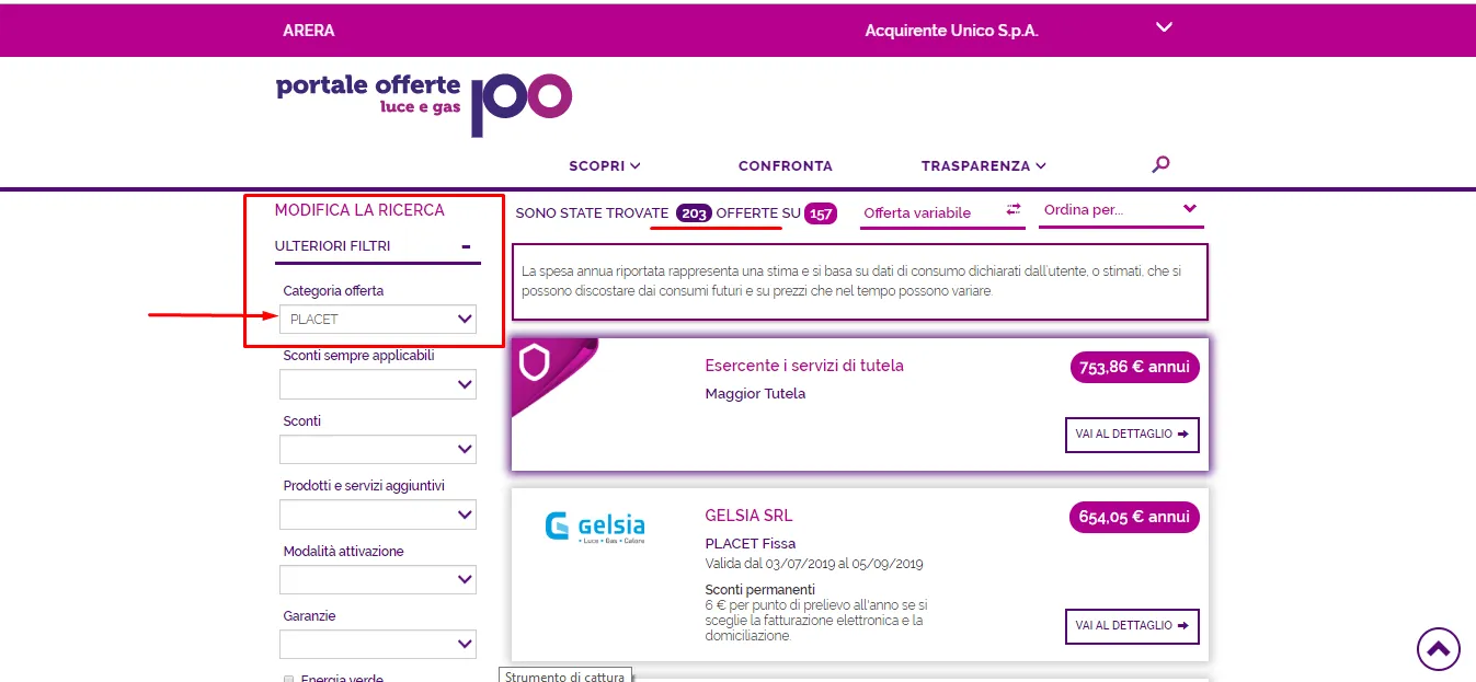 imposta il valore offerte placet