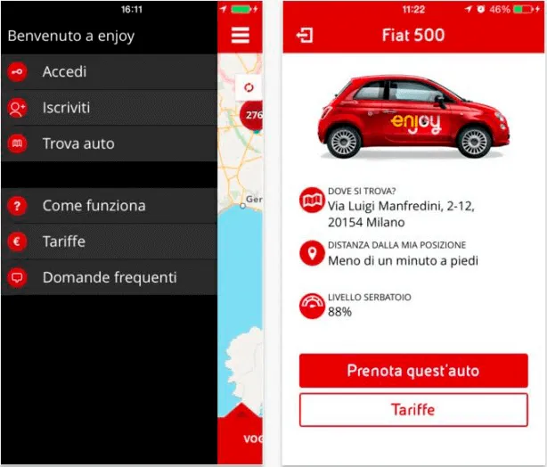 schermata noleggio Enjoy car sharing 