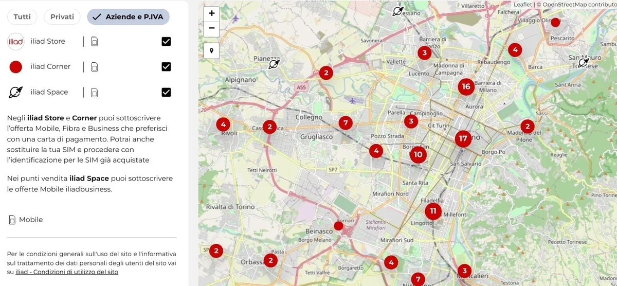 Mappa degli Iliad Store a Torino