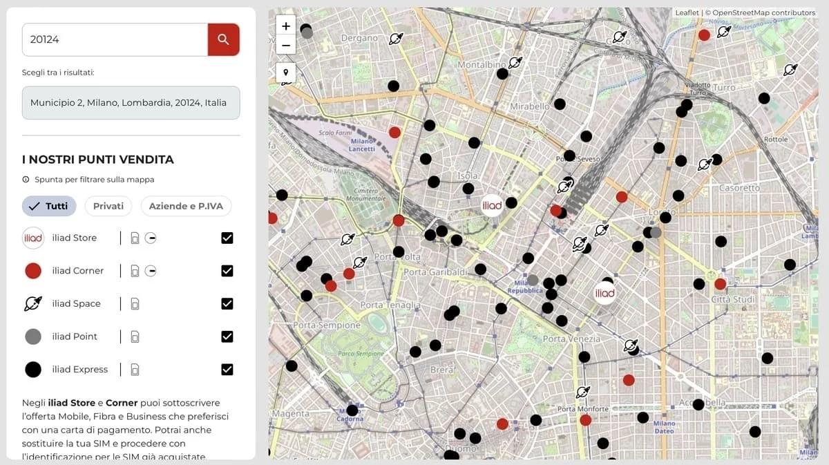 Mappa degli Iliad Store a Milano