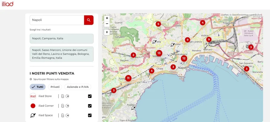 Mappa degli Iliad Store a Napoli