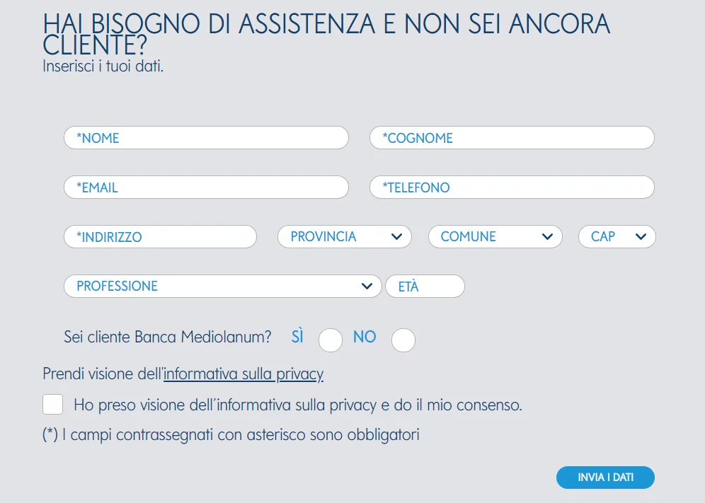 Il modulo di contatto sul sito Mediolanum