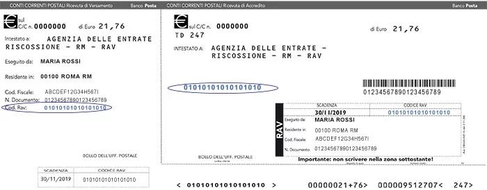 Esempio Bollettino RAV - Credits: Agenziaentrate.gov.it