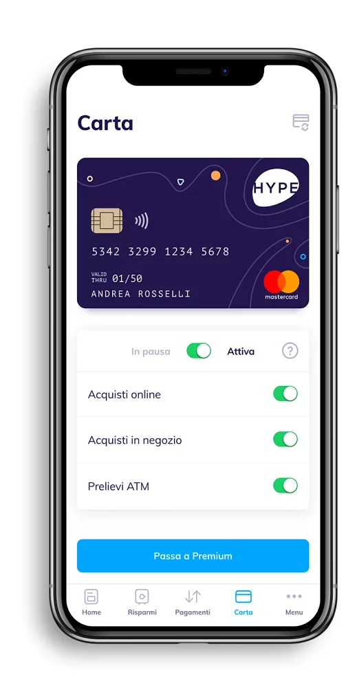 La carta Hype è prevista all'interno del conto, con essa puoi pagare quasi ovunque in tutto il mondo grazie al circuito di pagamento MasterCard.