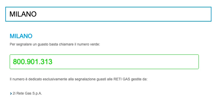Esempio di ricerca del pronto intervento 2i Rete Gas per comune (www.2iretegas.it 03-12-21)