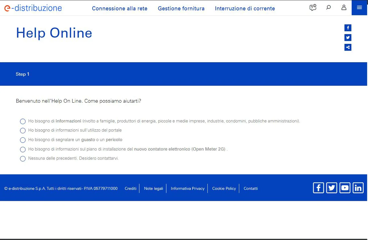 Schermata dell'assistenza online di e-distribuzione (ex Enel Distribuzione)