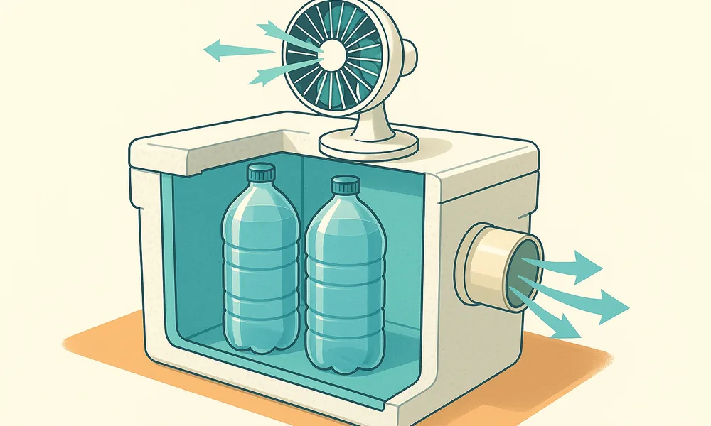 Schema del condizionatore fai-da-te: scatola di polistirolo con bottiglie congelate all'interno, ventilatore sul coperchio e bocchetta di uscita laterale.