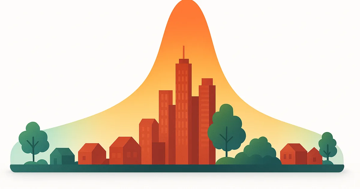 Schema dell'isola di calore urbana: la temperatura è più bassa sulla campagna e sui parchi e raggiunge il picco sul centro città densamente costruito.