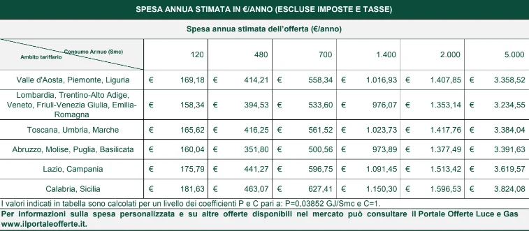 Scheda sintetica: spesa annuale gas