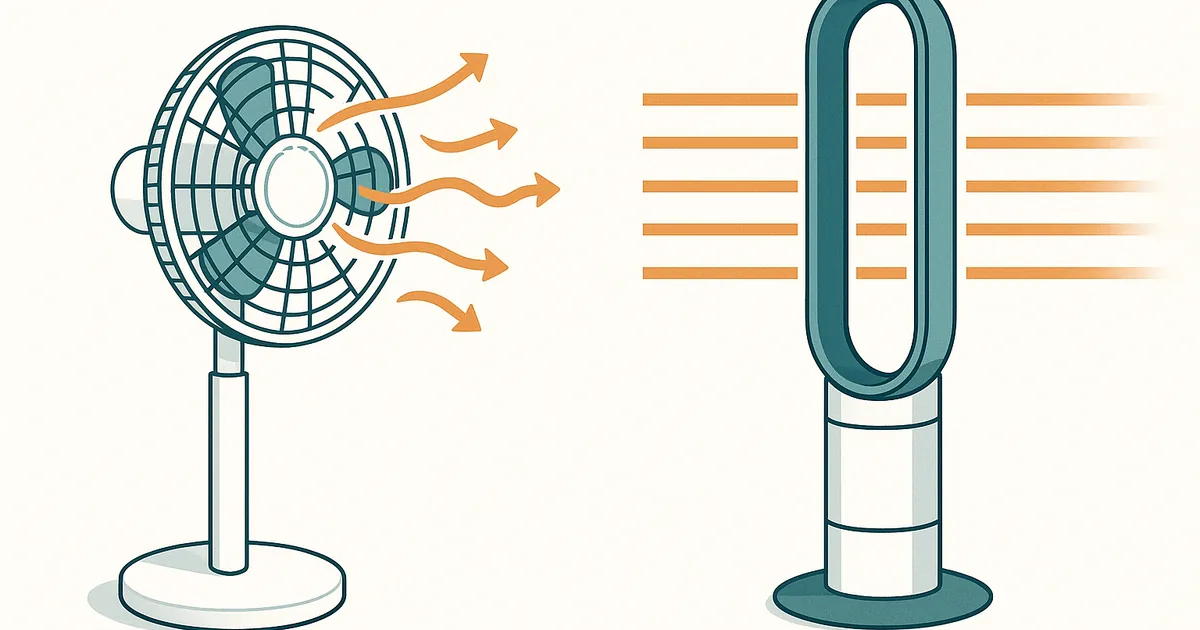 Confronto del getto d'aria: il ventilatore a pale produce un flusso turbolento e a folate, quello senza pale un flusso laminare uniforme e costante.