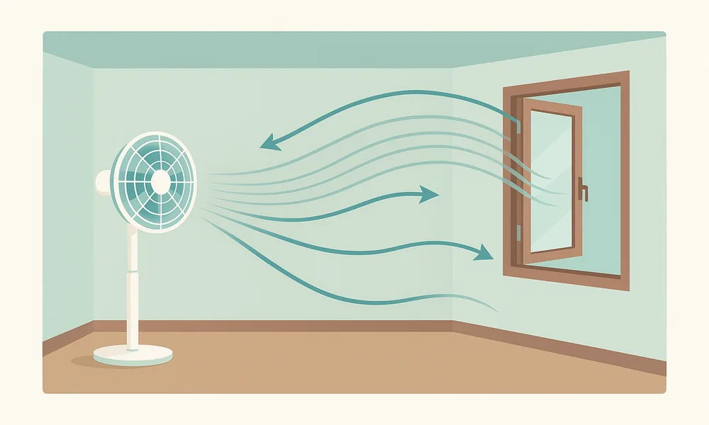 Schema del flusso d'aria di un ventilatore che si muove e circola in una stanza verso la finestra