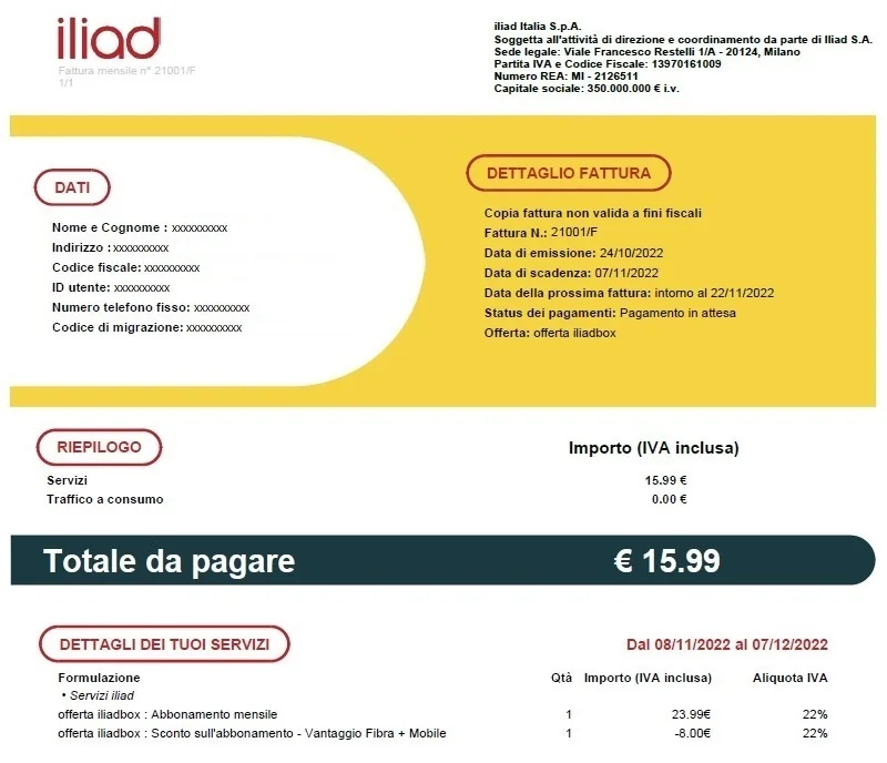 Esempio di una bolletta Iliad Casa