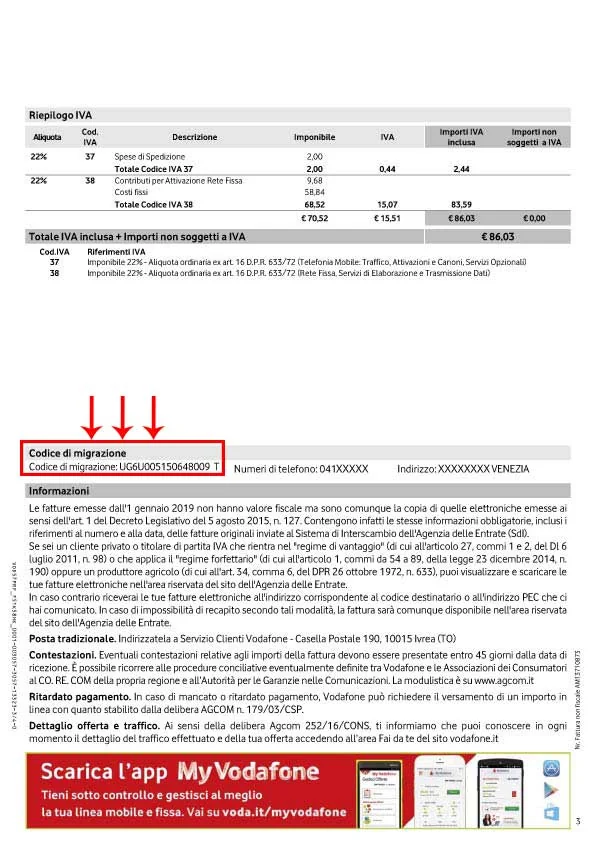 codice migrazione vodafone