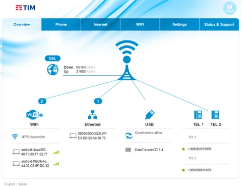 Pagina di gestione del modem TIM
