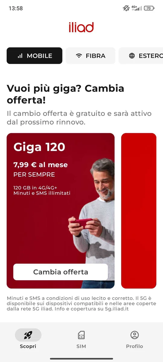 Cambio offerta Iliad dall'app - schermata iniziale