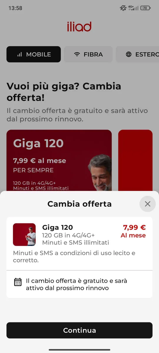 Cambio offerta Iliad dall'app - conferma