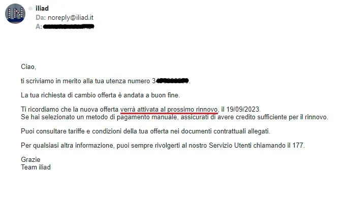 Email di conferma del cambio offerta Iliad