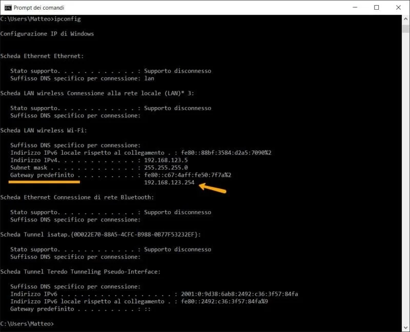 Trovare IP del modem mediante il prompt dei comandi
