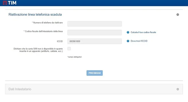 Reintegro SIM TIM scaduta su TIM E-Shop