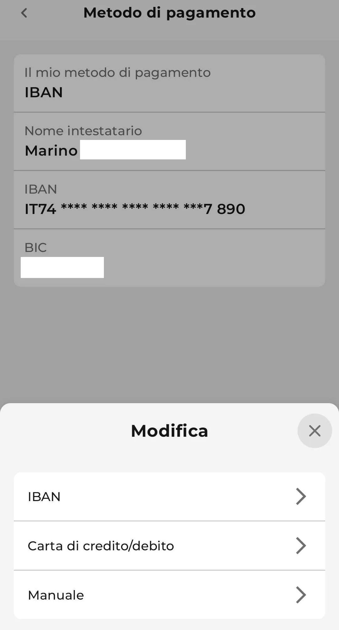 Modifica metodo pagamento ricarica Iliad