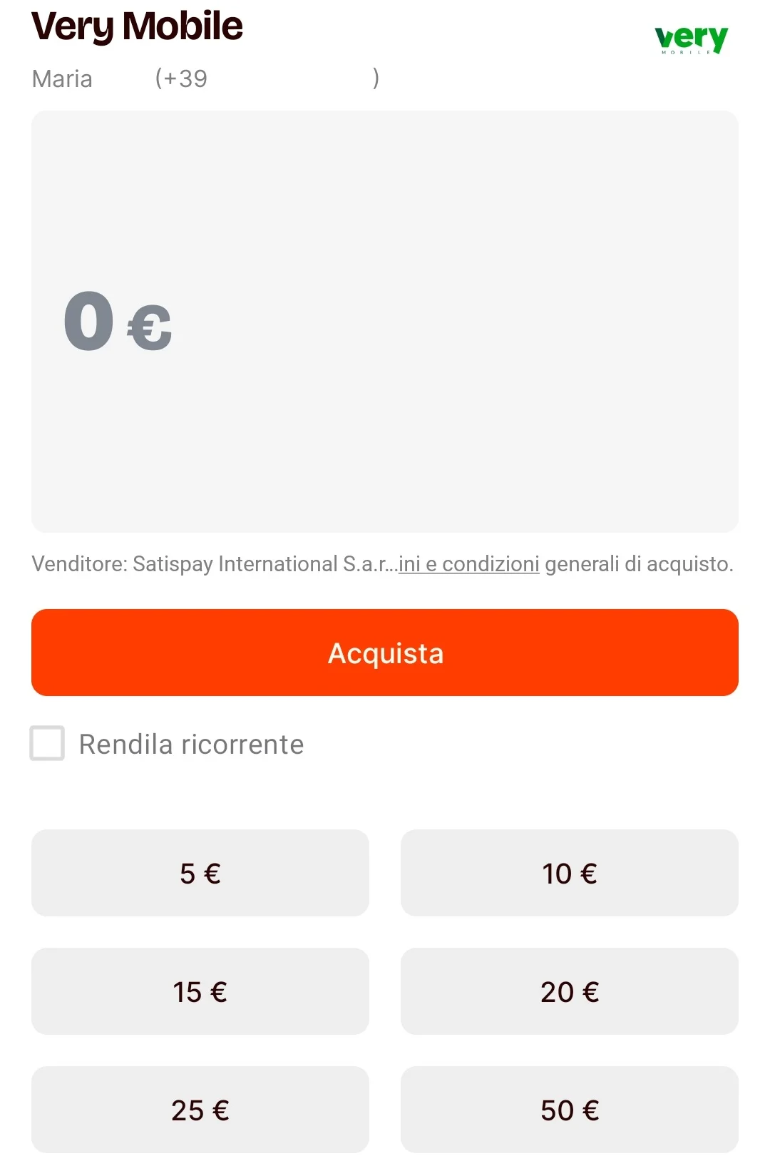 Ricarica Very Mobile con Satispay