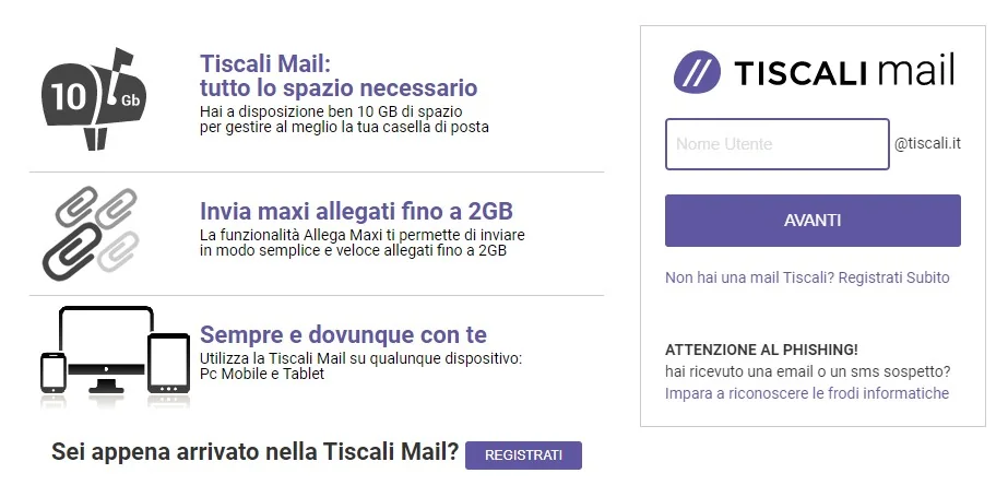 Schermata di accesso a Tiscali Mail