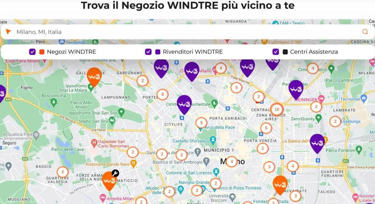 Mappa dei negozi WindTre a Milano