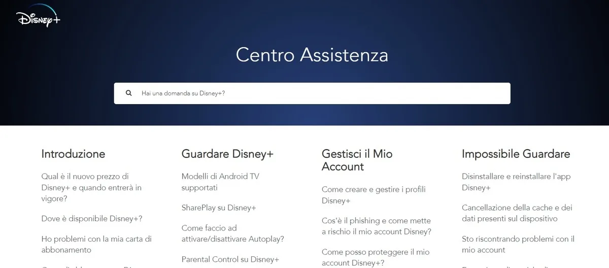 Assistenza Disney Plus Italia, le domande del centro assistenza