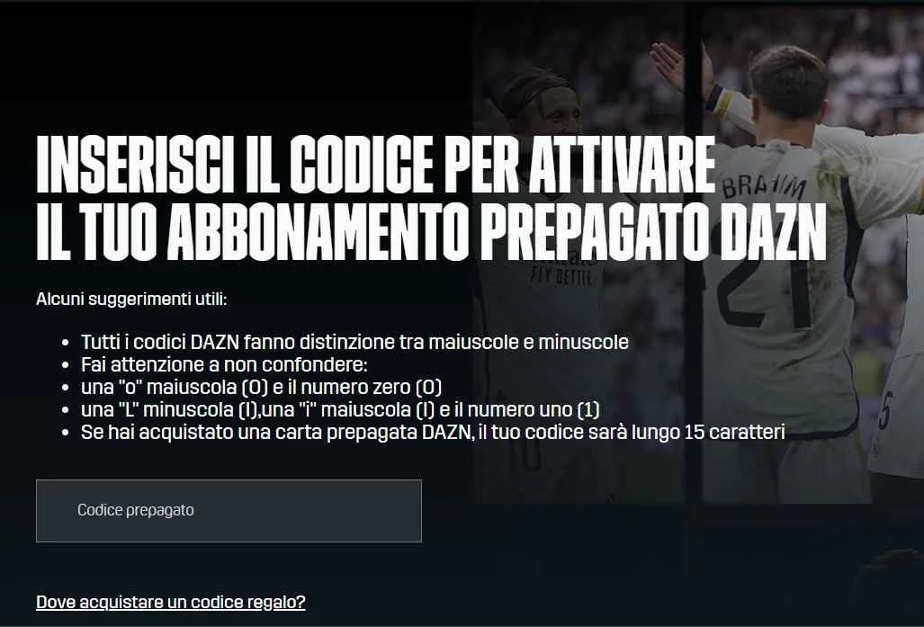 La pagina in cui inserire i codici prepagati DAZN