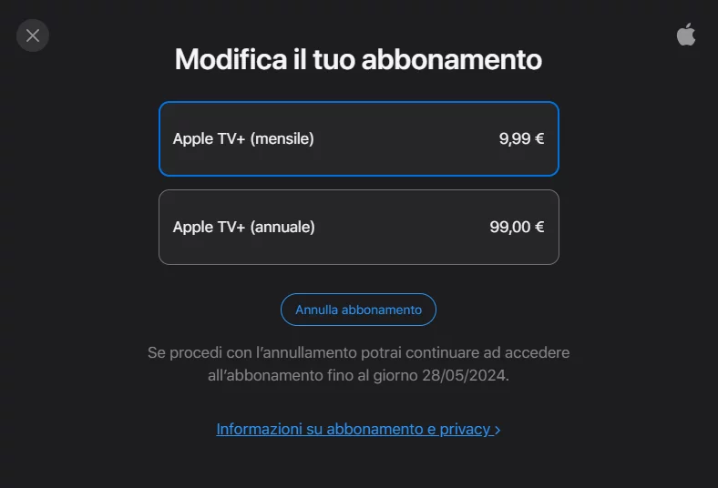 L'ultima schermata prima della disdetta ad Apple TV