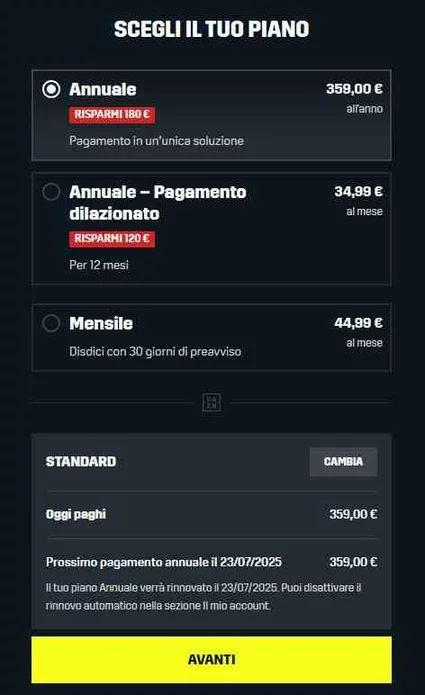 La schermata per scegliere il tipo di abbonamento DAZN