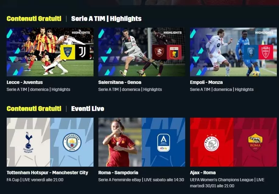 I contenuti gratuiti disponibili nella home di DAZN