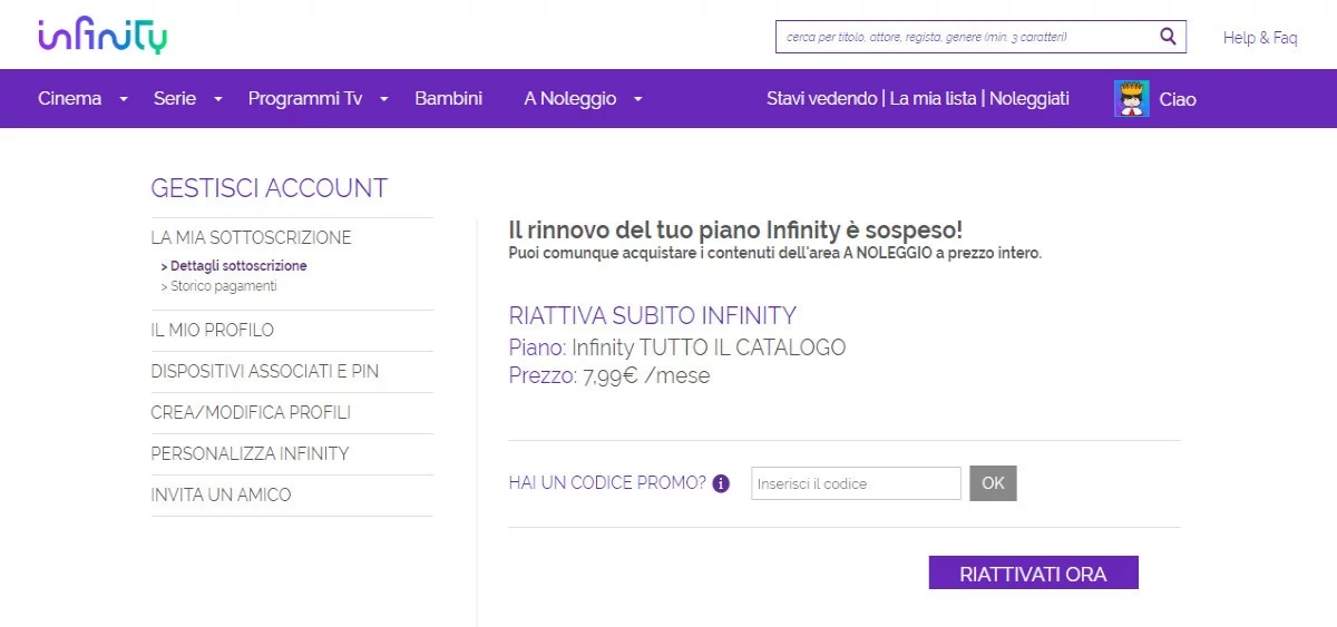 La schermata che conferma la disdetta dell'abbonamento Intinity