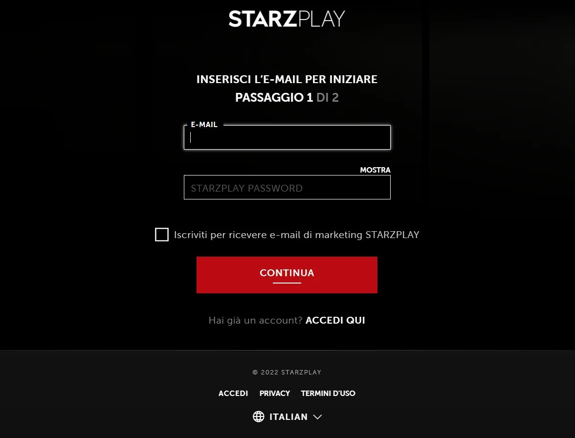 La schermata per l'iscrizione al sito StarzPlay