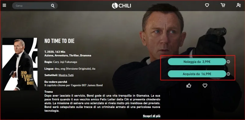 Pulsanti per l'acquisto e il noleggio di film su Chili