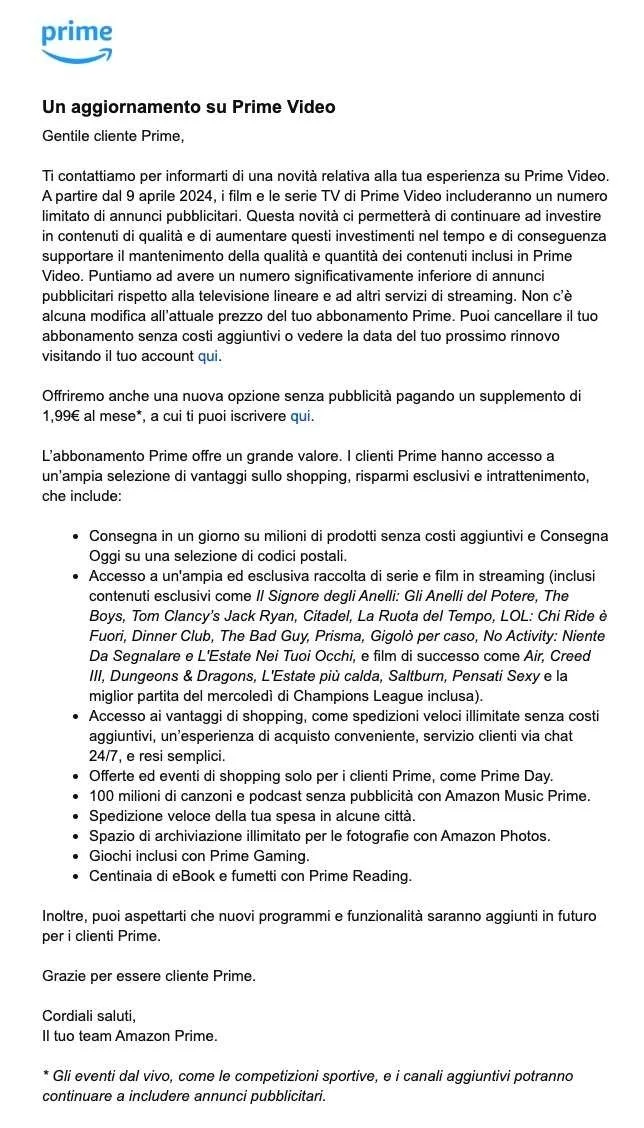 La mail inviata da Prime Video ai suoi abbonati
