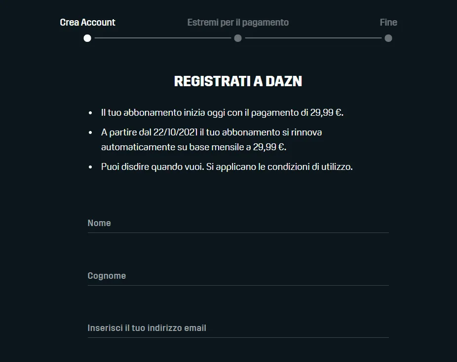 Sottoscrizione abbonamento DAZN