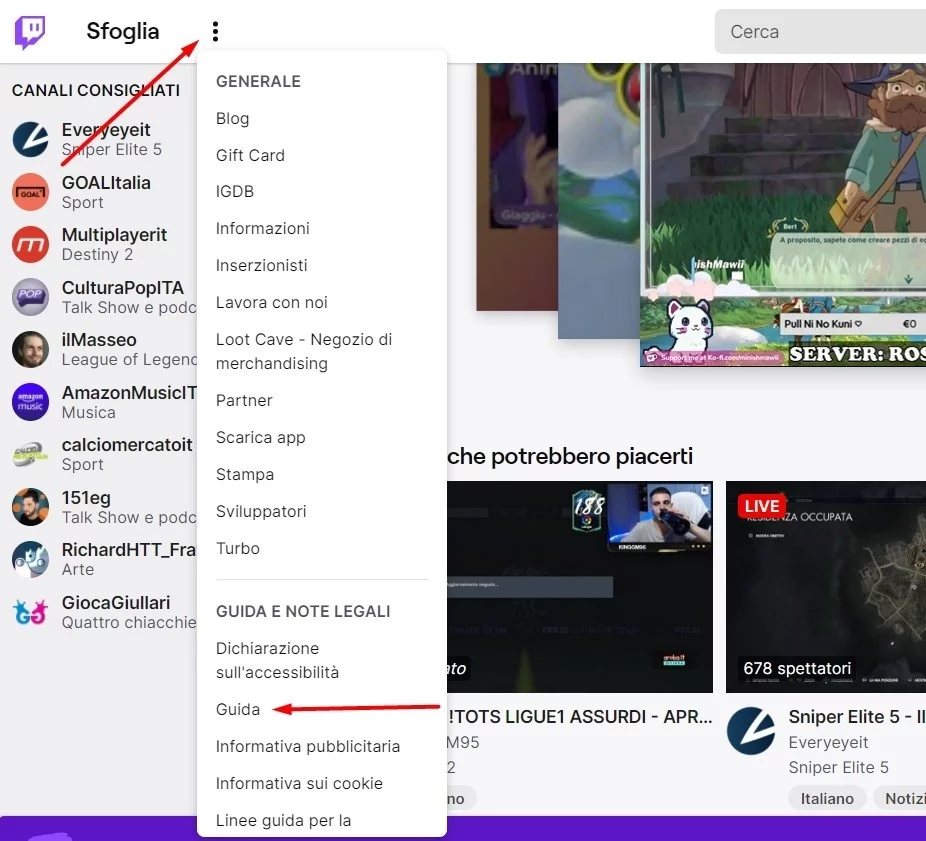 Le modalità per accedere all'Assistenza su Twitch