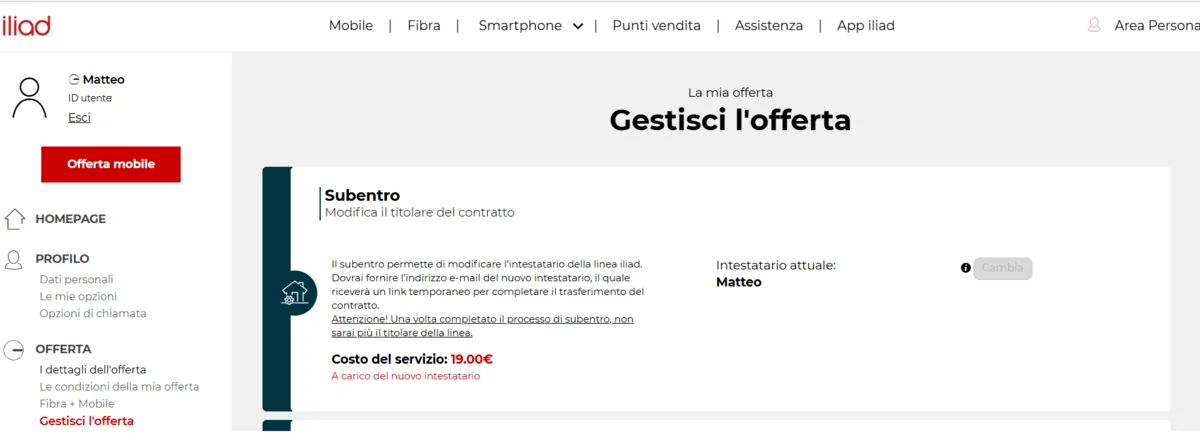 Subentro Iliad linea fissa da area personale
